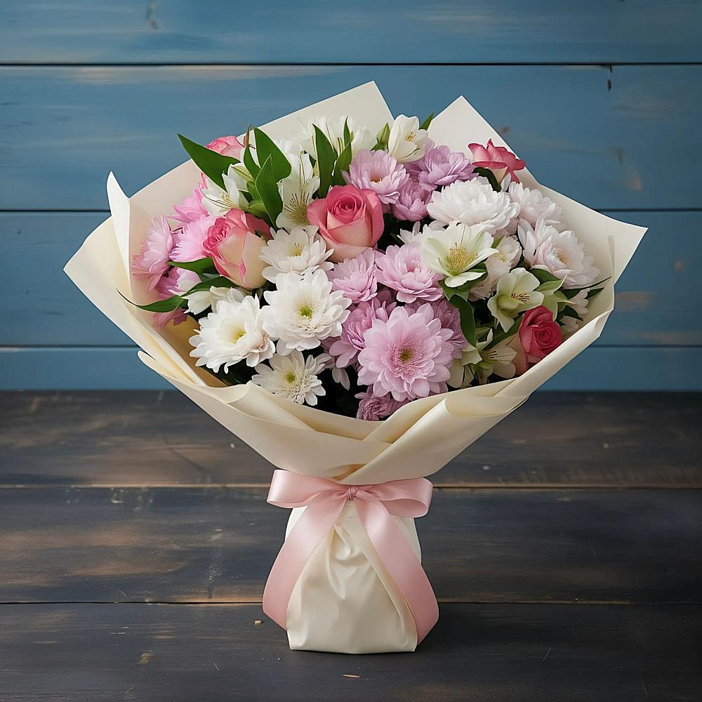 Букет цветов из: Хризантемы, Альстромерии и Розы в Псебае